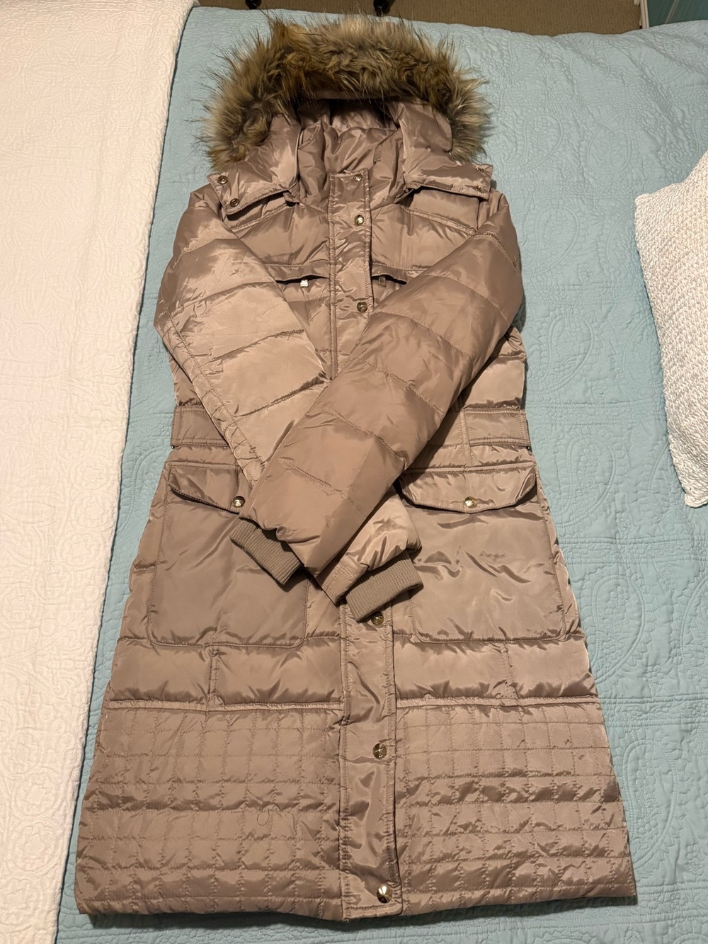 Women's Long Quilted Faux-Fur Trim Puffer Coat - Taupe